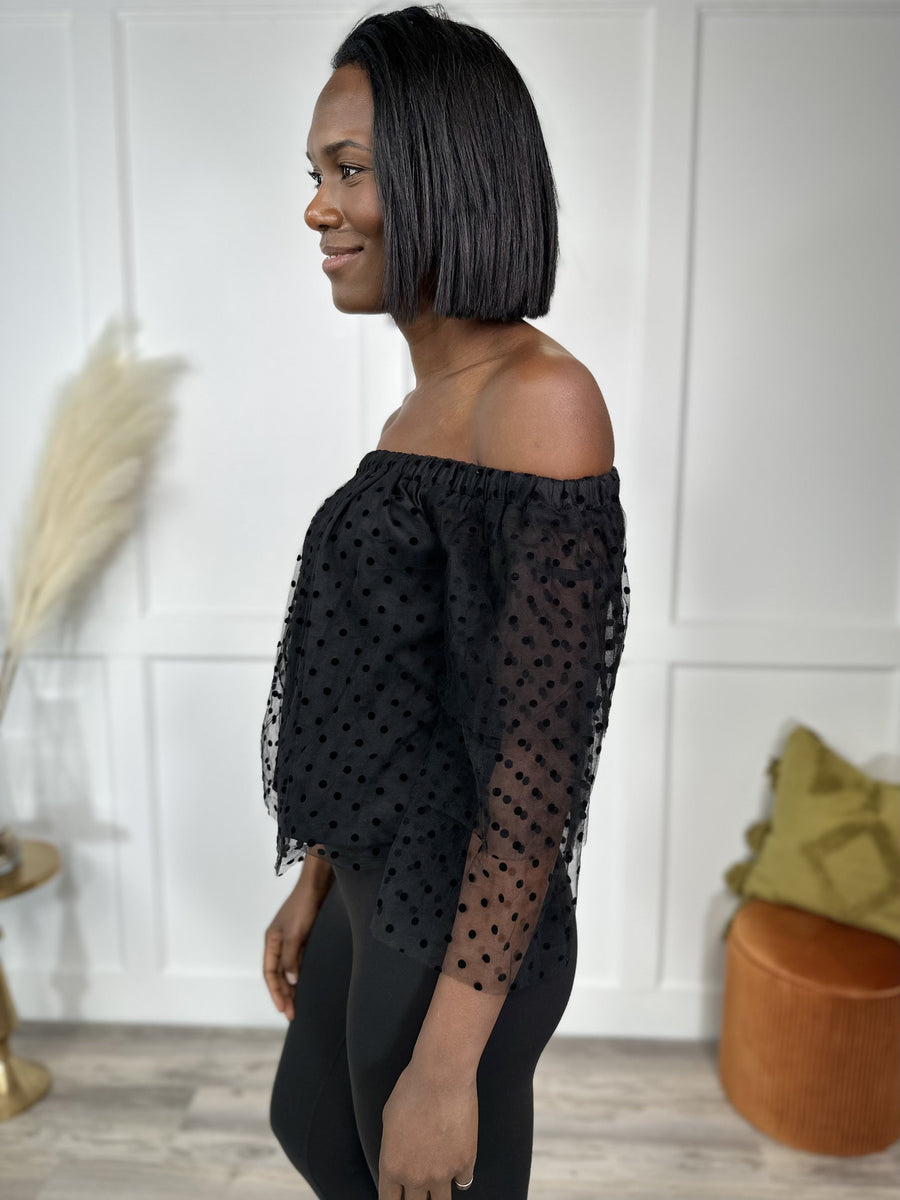 Known Beauty Women's Polka Dot Off The Shoulder Cropped Top *Final Sale*