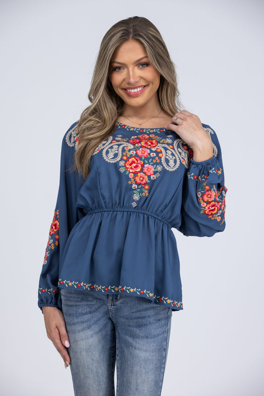 In Great Detail Women's Floral Embroidery Long Sleeve Top