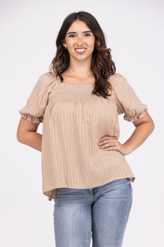 Feel The Energy Women's Striped Smocked Short Puff Sleeve Top *Final Sale*