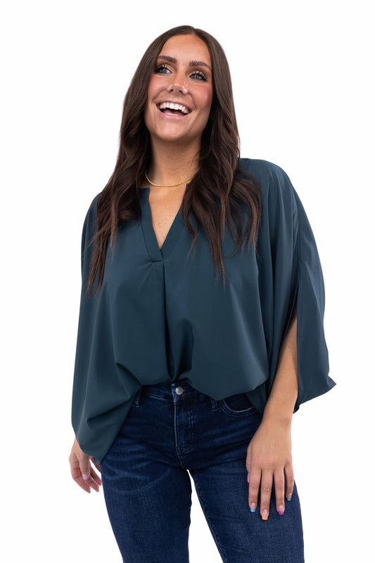 Women's Oversized Dolman Sleeve Blouse with Split Neck