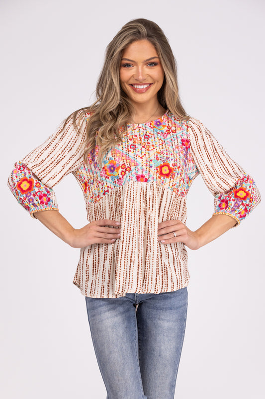 Dancing Through It Women's Babydoll Embroidered 3/4 Sleeve Top