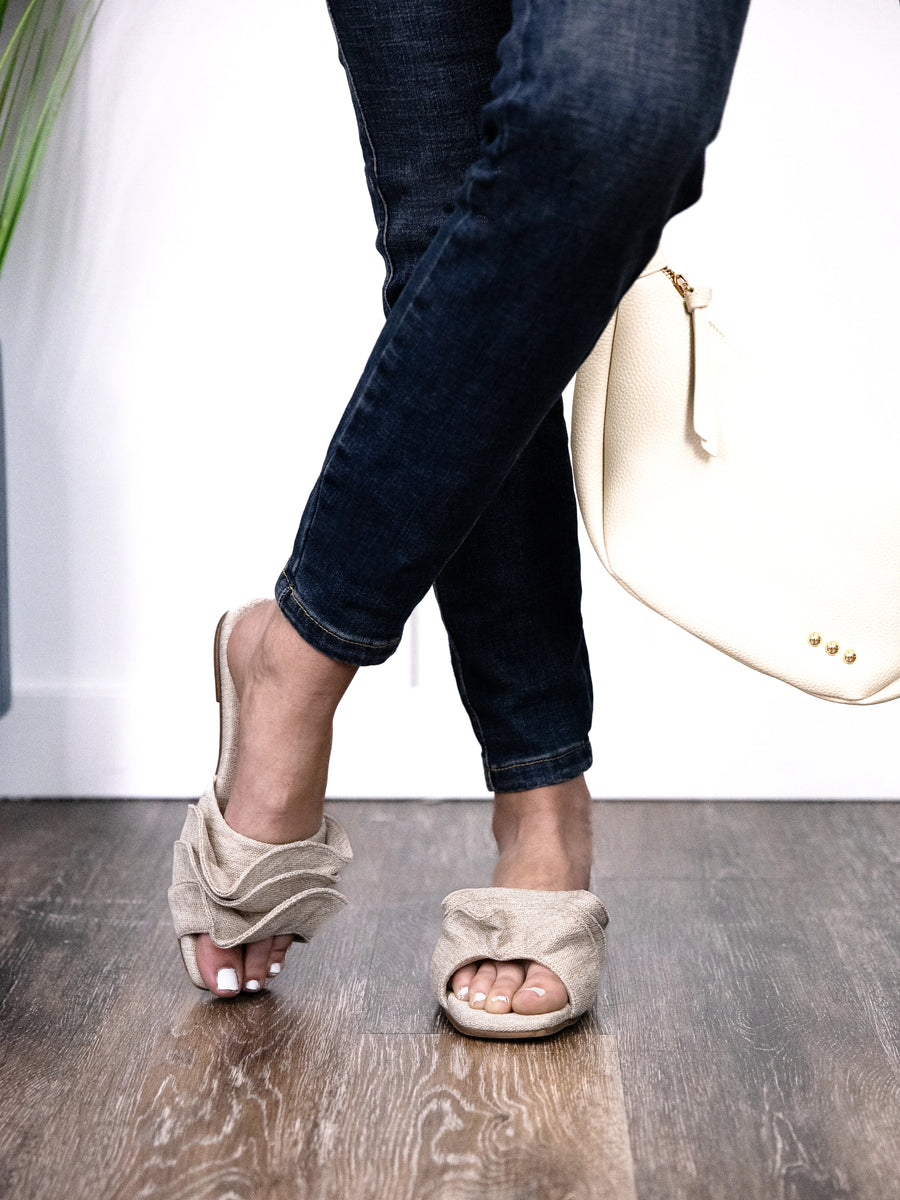 Shu Shop Daisy Woven-Like Textured Fabric Ruffle Open Toed Sandal