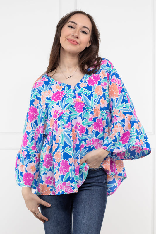 Painting Flowers Women's Baby Doll Long Sleeve Top *Final Sale*