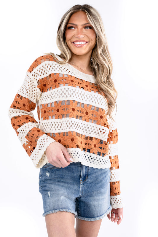 Women's Floral Crochet Pullover Top