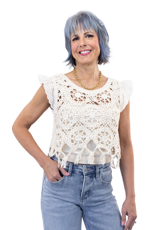 Women's Eyelet Lace Sleeve Crochet Top