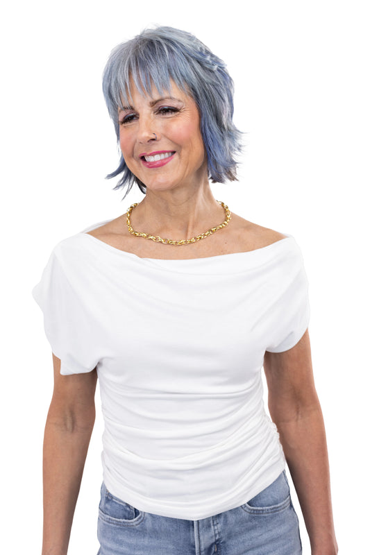 Women's Asymmetrical Neckline Ruched Knit Top *Final Sale*