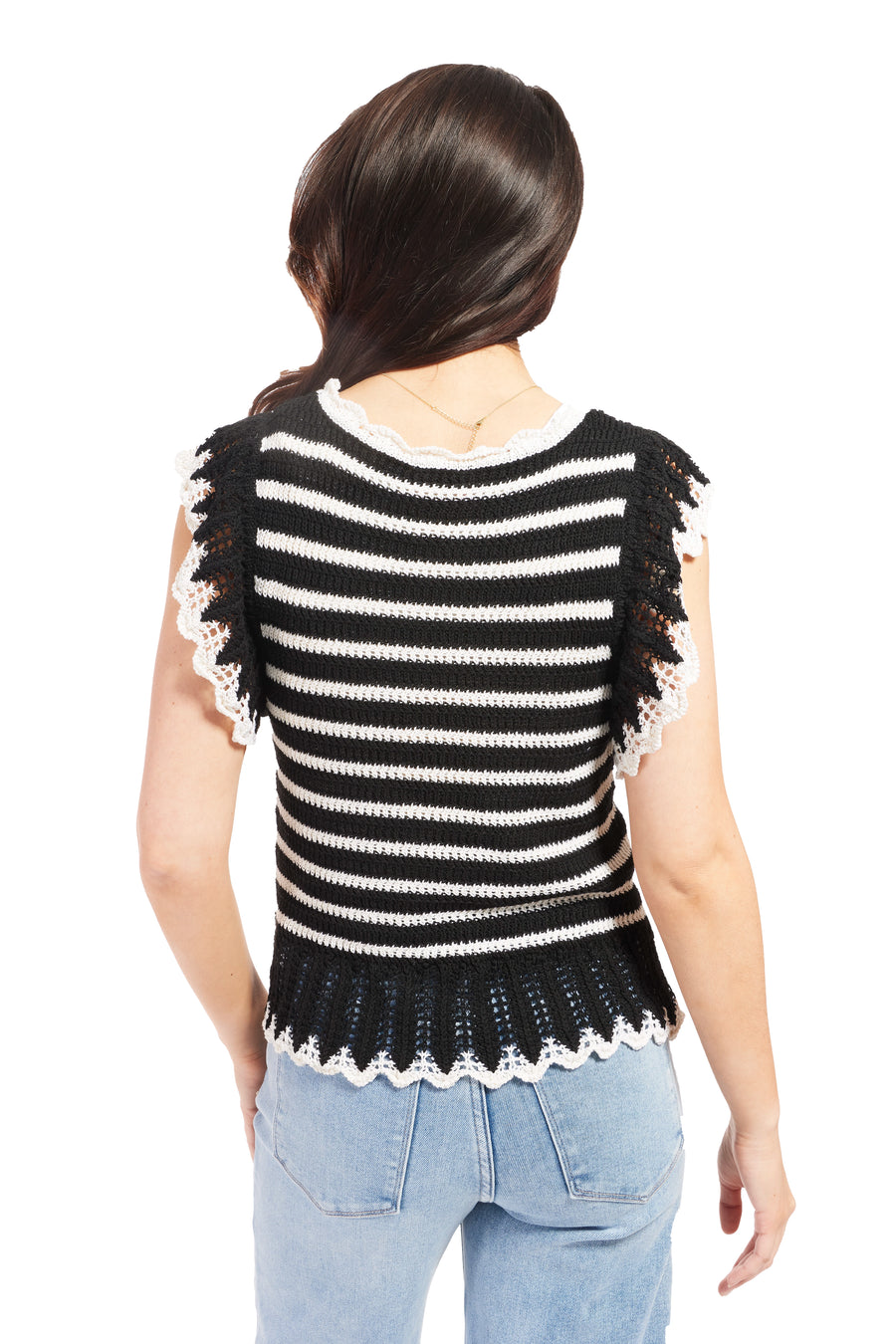Women's Lightweight Stripe Cap Sleeve Knit Top- Black & Ivory