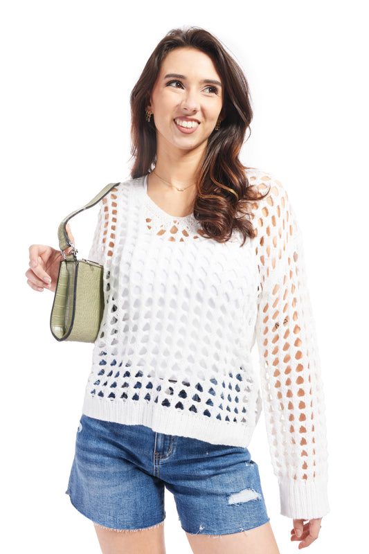 Women's Open Knit Sweater-Off White