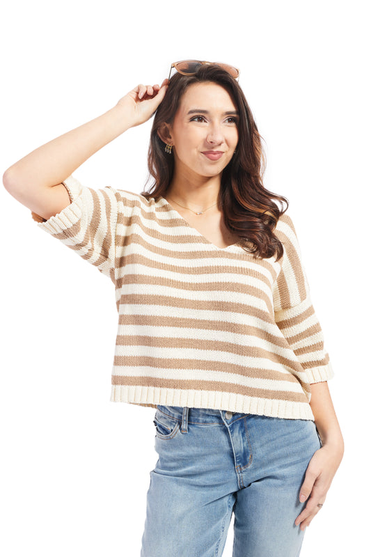 Women's Stripe Deep V-Neck Short Sleeve Knit Top- Mocha