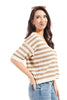 Women's Stripe Deep V-Neck Short Sleeve Knit Top- Mocha