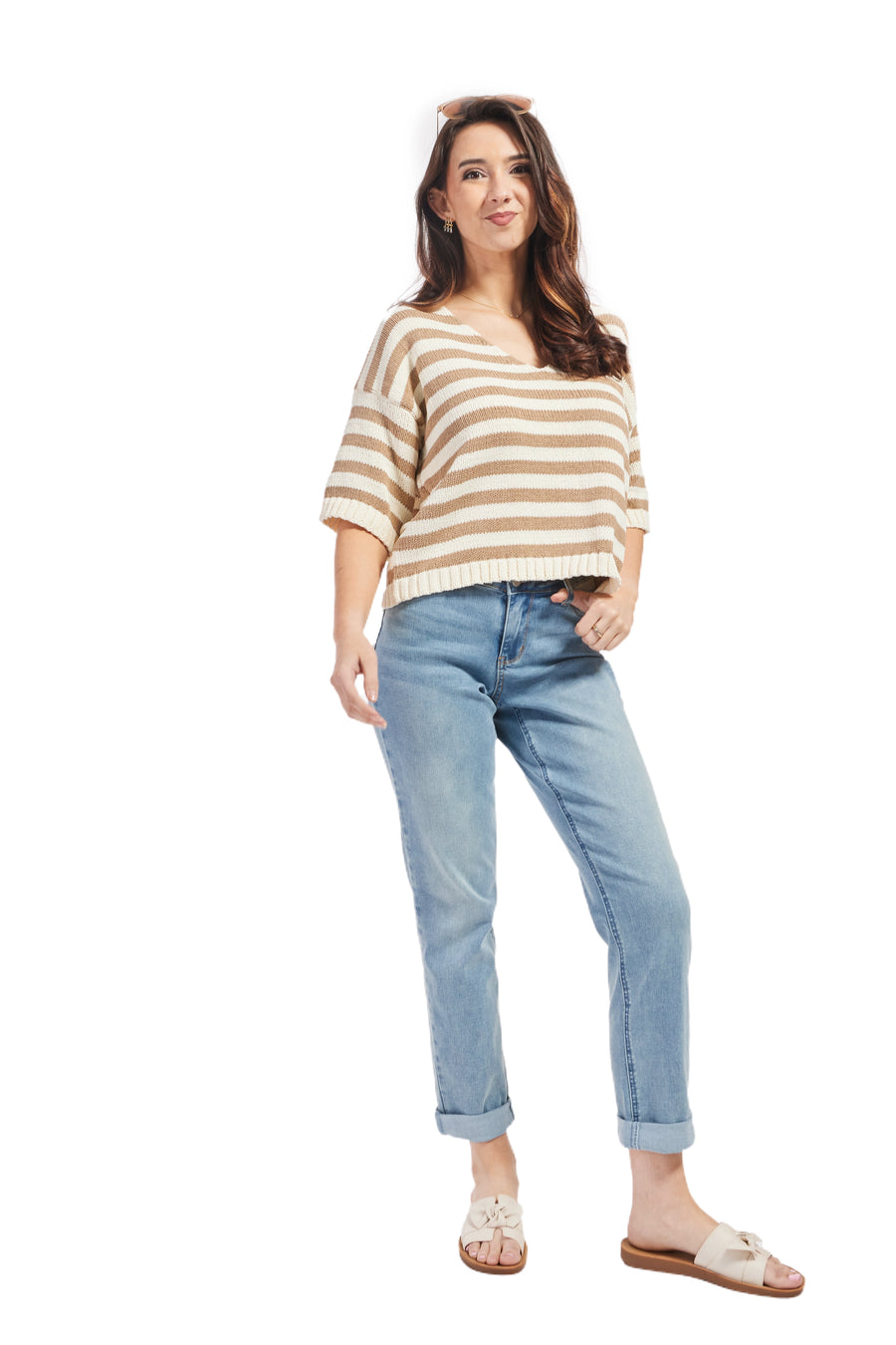 Women's Stripe Deep V-Neck Short Sleeve Knit Top- Mocha