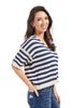 Women's Stripe Deep V-Neck Short Sleeve Knit Top- Navy
