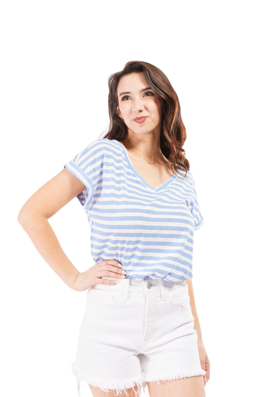 Women's V Neck Striped Short Sleeve Top