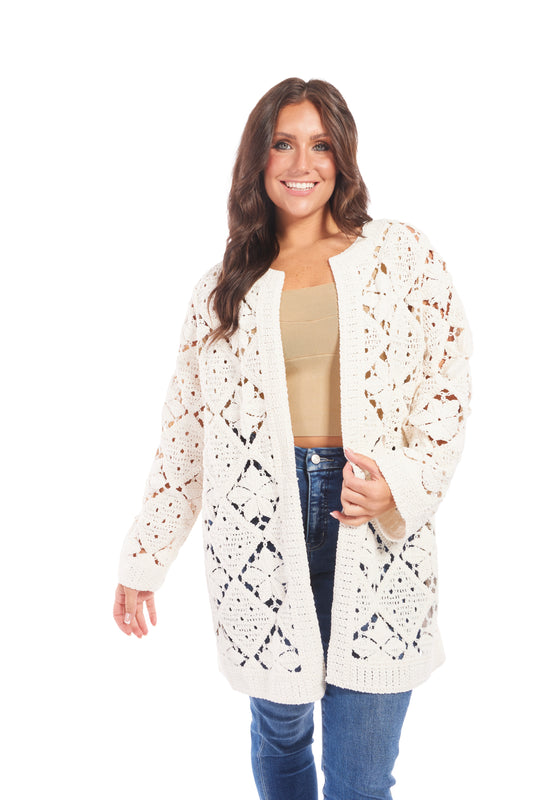 Women's Diamond Pattern Open Knit Crochet Cardigan