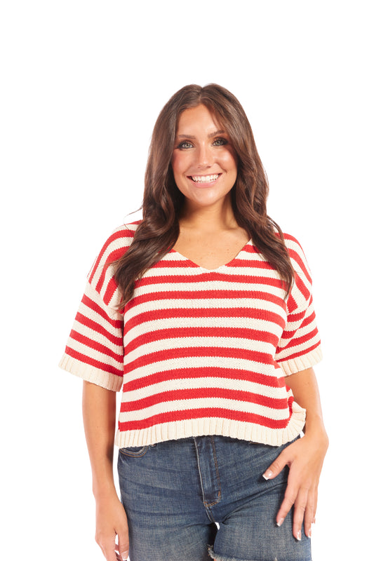 Women's Stripe Deep V-Neck Short Sleeve Knit Top-Red