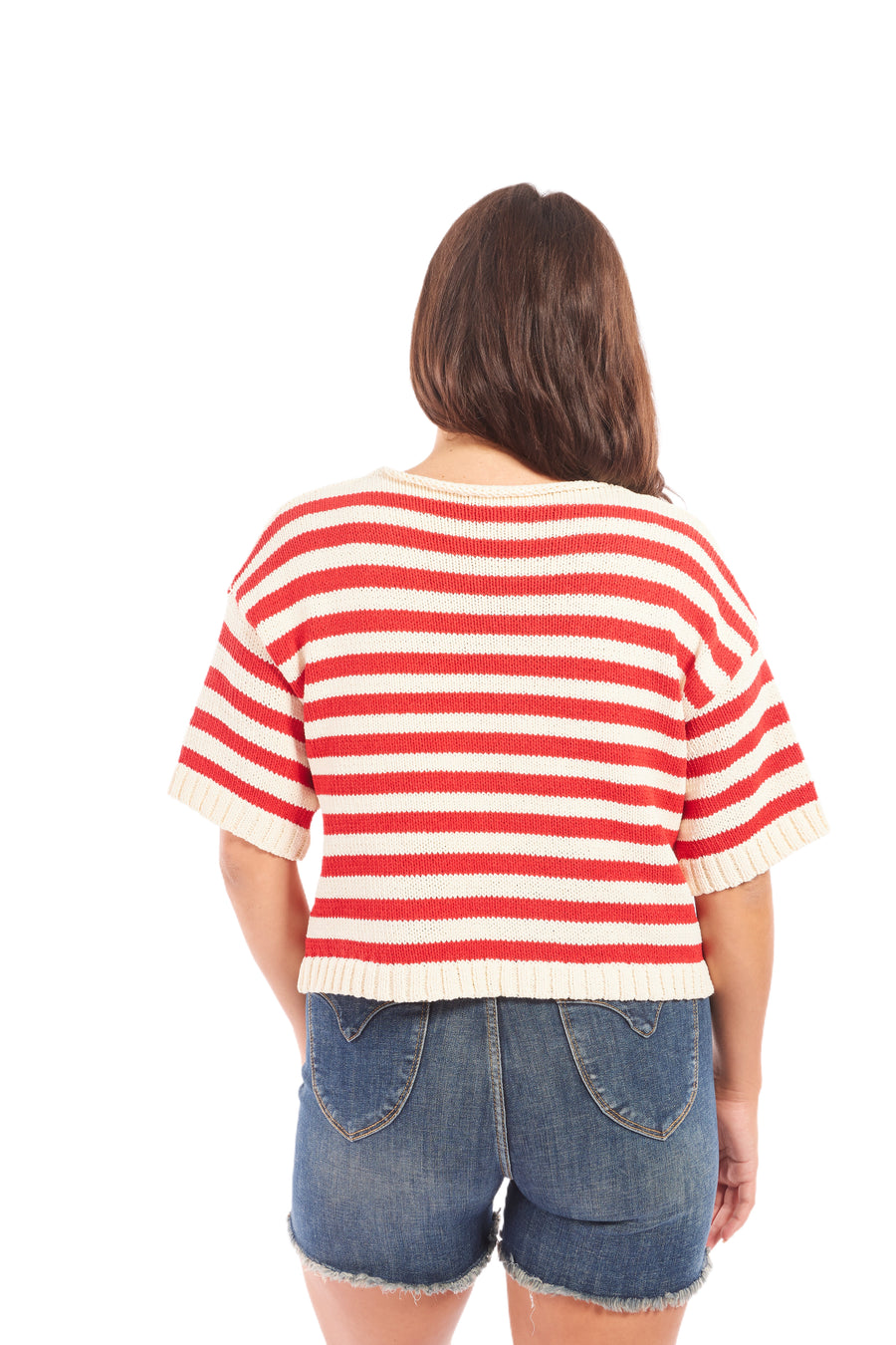 Women's Stripe Deep V-Neck Short Sleeve Knit Top-Red
