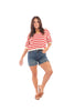 Women's Stripe Deep V-Neck Short Sleeve Knit Top-Red