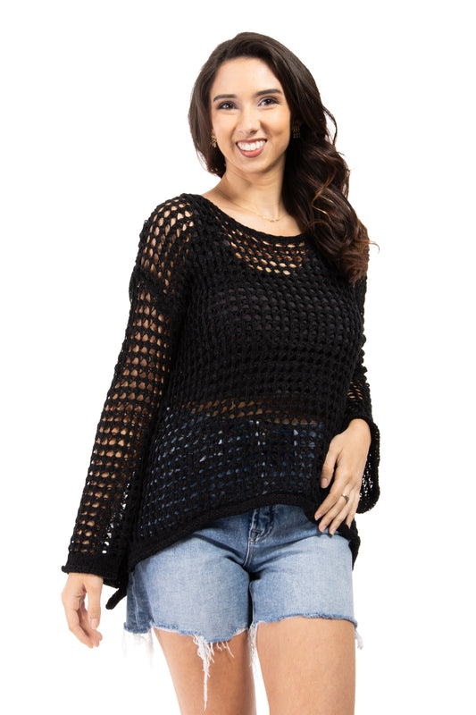 Passion Women's Open Knit Bell Sleeve Hi Lo Sweater