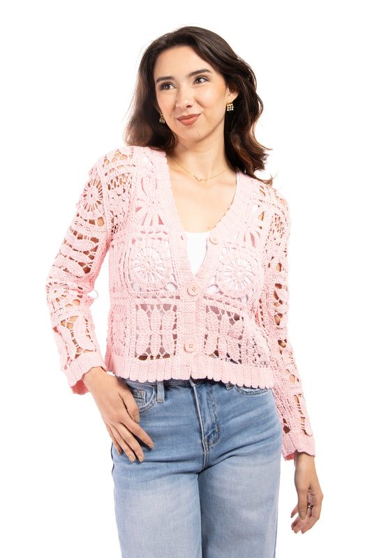 Women's Crochet Squares Button Up Cardigan