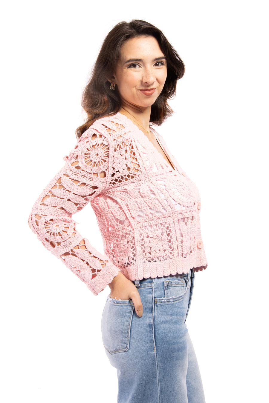 Women's Crochet Squares Button Up Cardigan
