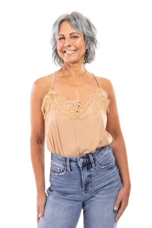 On The Edge Women's Lace Cami Button Front Sleeveless Bodysuit * Final Sale*