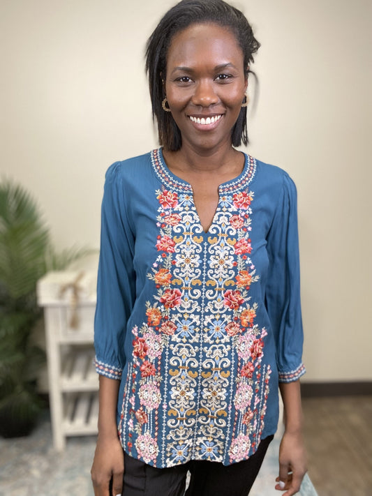 To Be In Love Women's Embroidered 3/4 Sleeve Top *Final Sale*