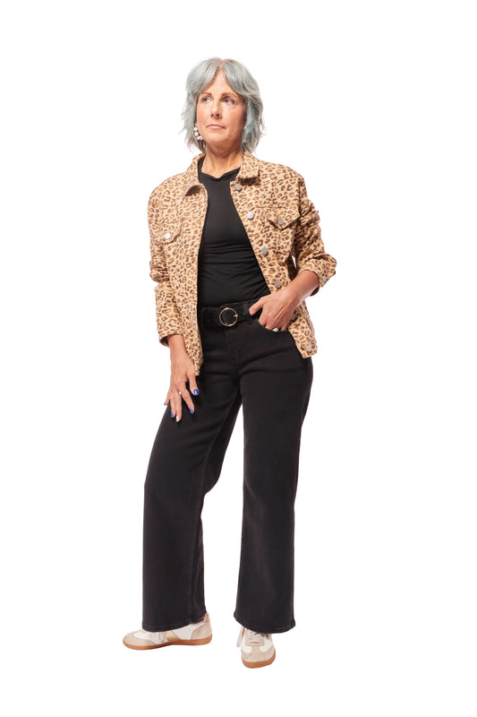 Risen Women's Leopard Animal Print Oversized Denim Jacket