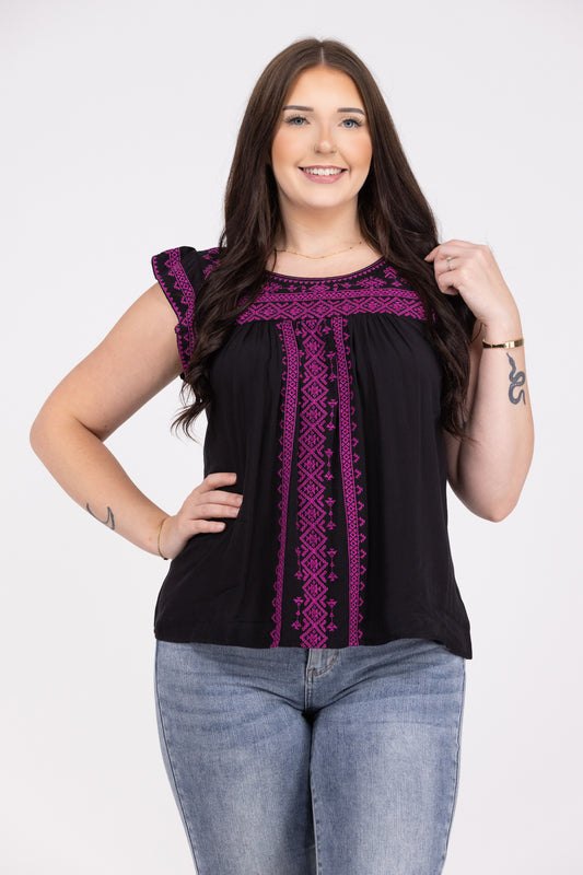 Make It Pop Women's Embroidered Cap Sleeve Babydoll Top *Final Sale*