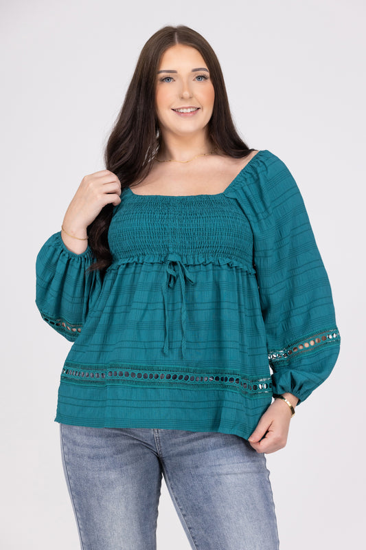 Spruce It Up Women's Smocked Lace Long Sleeve Top