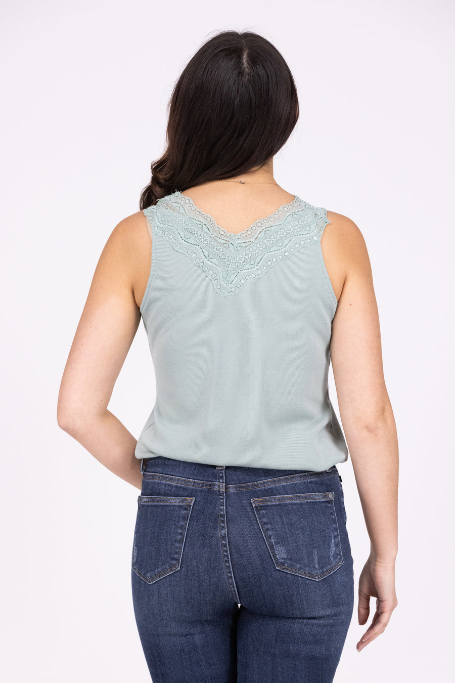 Summer Mist Women's Lace V Neck Ribbed Tank Top