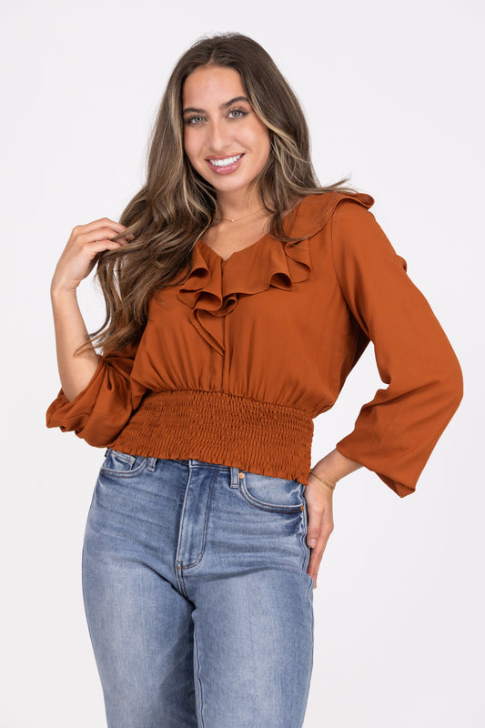 Love Collides Women's Ruffled Smocked Waist Long Sleeve Top