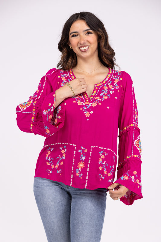 Get A Feeling Women's Embroidered Flowy Long Sleeve Top *Final Sale*