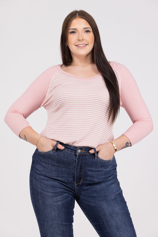 Striped Perfection Women's V-Neck Hi-Lo Long Sleeve Top