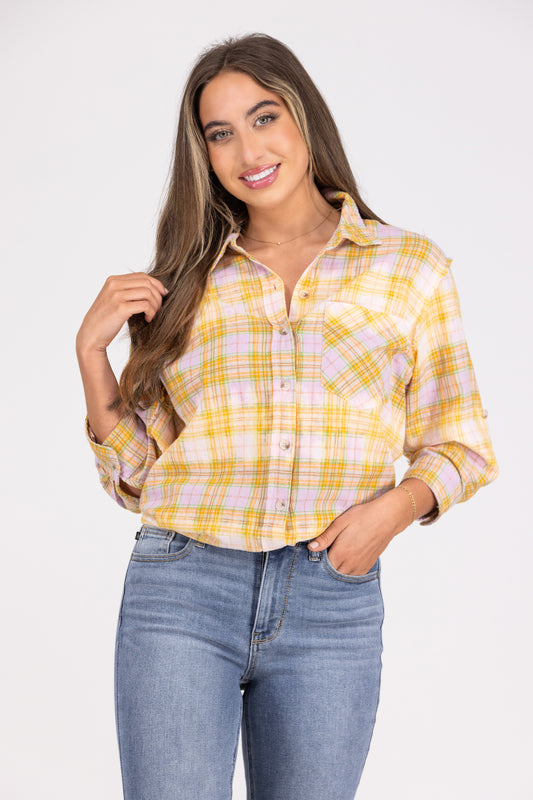 Just Like Magic Women's Plaid Acid Wash Top *Final Sale*