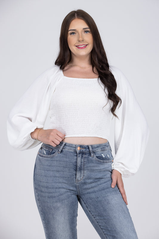 Smocked Women's Square Neck Long Sleeve Top