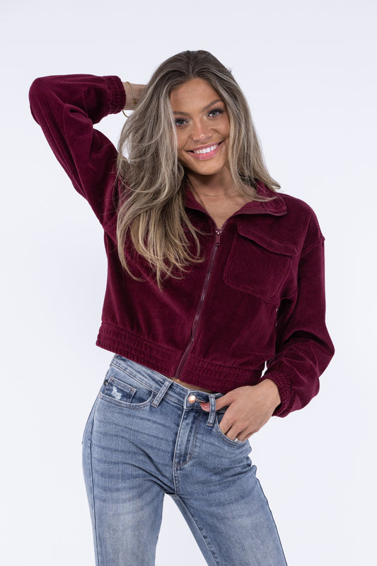 Doin It Right Women's Zip Up Cropped Corduroy Jacket