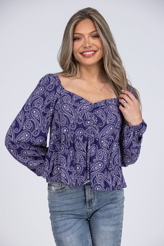 Pop of Paisley Women's Sweetheart Peplum Crop Long Sleeve Top