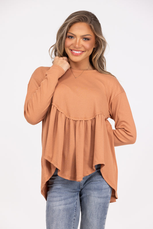 Leading Lady Women's Ribbed Babydoll Hi Lo Long Sleeve Top * Final Sale*