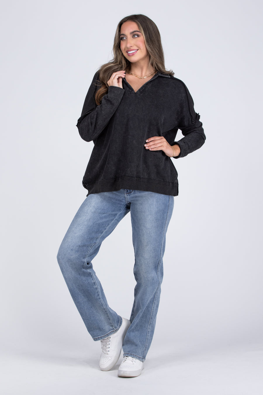 Meeting Halfway Women's Split Neck Collared Long Sleeve Top * Final Sale*