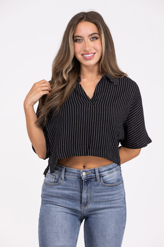 Silent Film Women's Striped Short Sleeve Crop Top