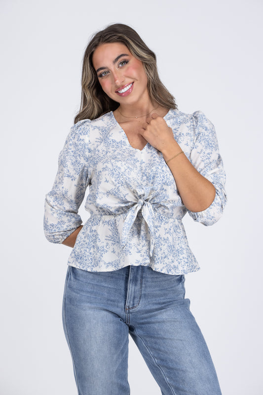 Tie the Bouquet Women's Floral 1/2 Puff Sleeve Top
