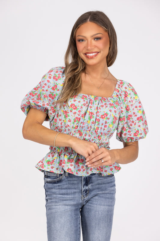 Rosy Cheeks Floral Short Puff Sleeve Top
