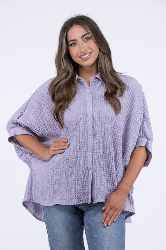 All Sugar No Spice Women's Textured Button Up Short Sleeve Top