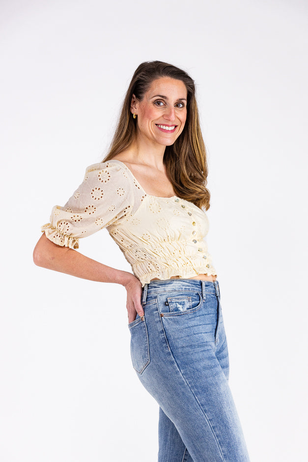 Coming Back Around Women's Eyelet Embroidered 3/4 Sleeve Top