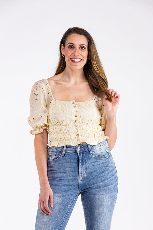 Coming Back Around Women's Eyelet Embroidered 3/4 Sleeve Top