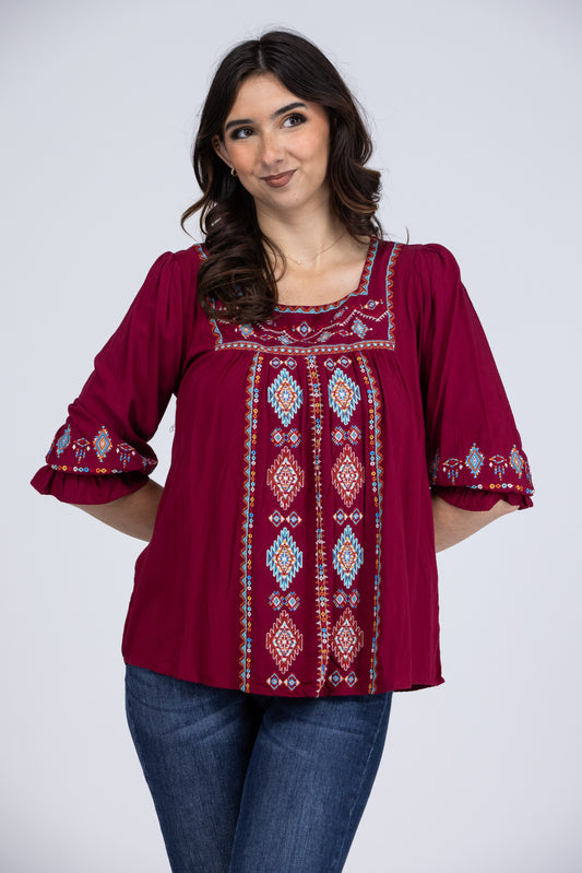 Bree's Women's Embroidered Woven Square Neck Short Sleeve Top * Final Sale*
