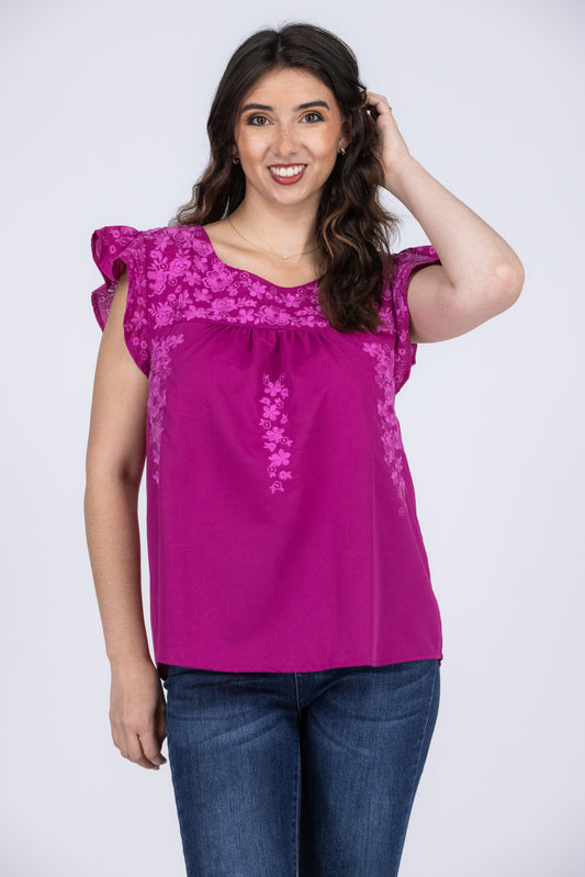It's All You Women's Embroidered Short Flutter Sleeve Top