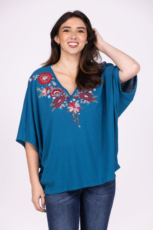 Time To Celebrate Women's Embroidered V-Neck Short Sleeve Top *Final Sale*