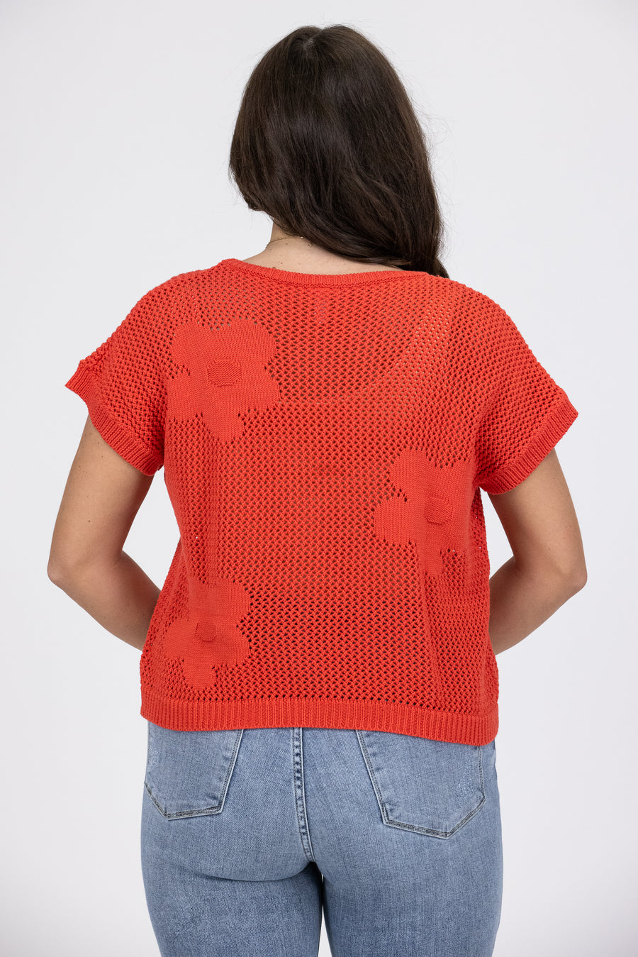 The Dream Women's Floral Open Knit Short Sleeve Sweater