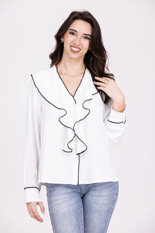 Melodies Of Memories Women's Ruffled V Neck Long Sleeve Top